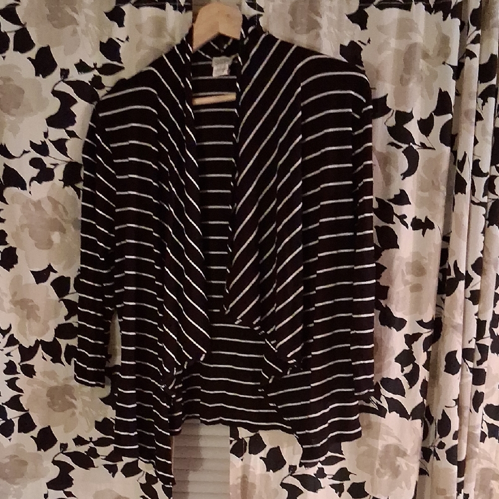 Charming Charlie Black And White Striped Cardigan Draped Waterfall Open Front L